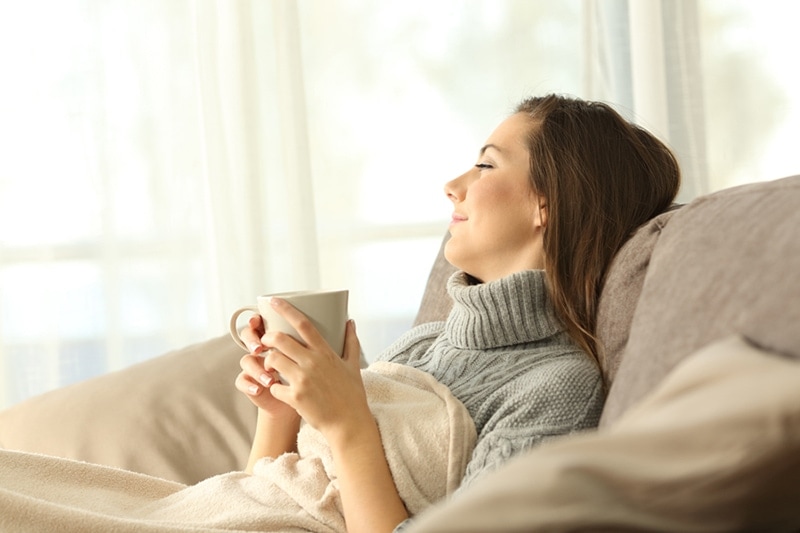 Portrait of a pensive woman relaxing sitting on a sofa in the living room in a Saint Paul